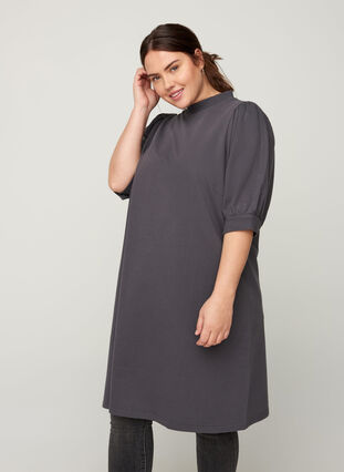 Katoenen jurk met korte pofmouwen, Asphalt ASS, Model image number 0