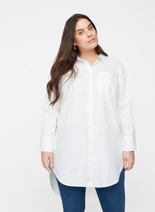 Chemise longue en coton avec poches poitrine, White, Model image number 0