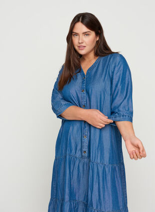 Midi-jurk met knopen en 3/4 mouwen, Blue denim, Model image number 2