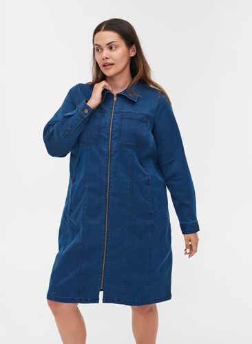 Robe en jean avec fermeture éclair et col, Dark blue denim, Model image number 0