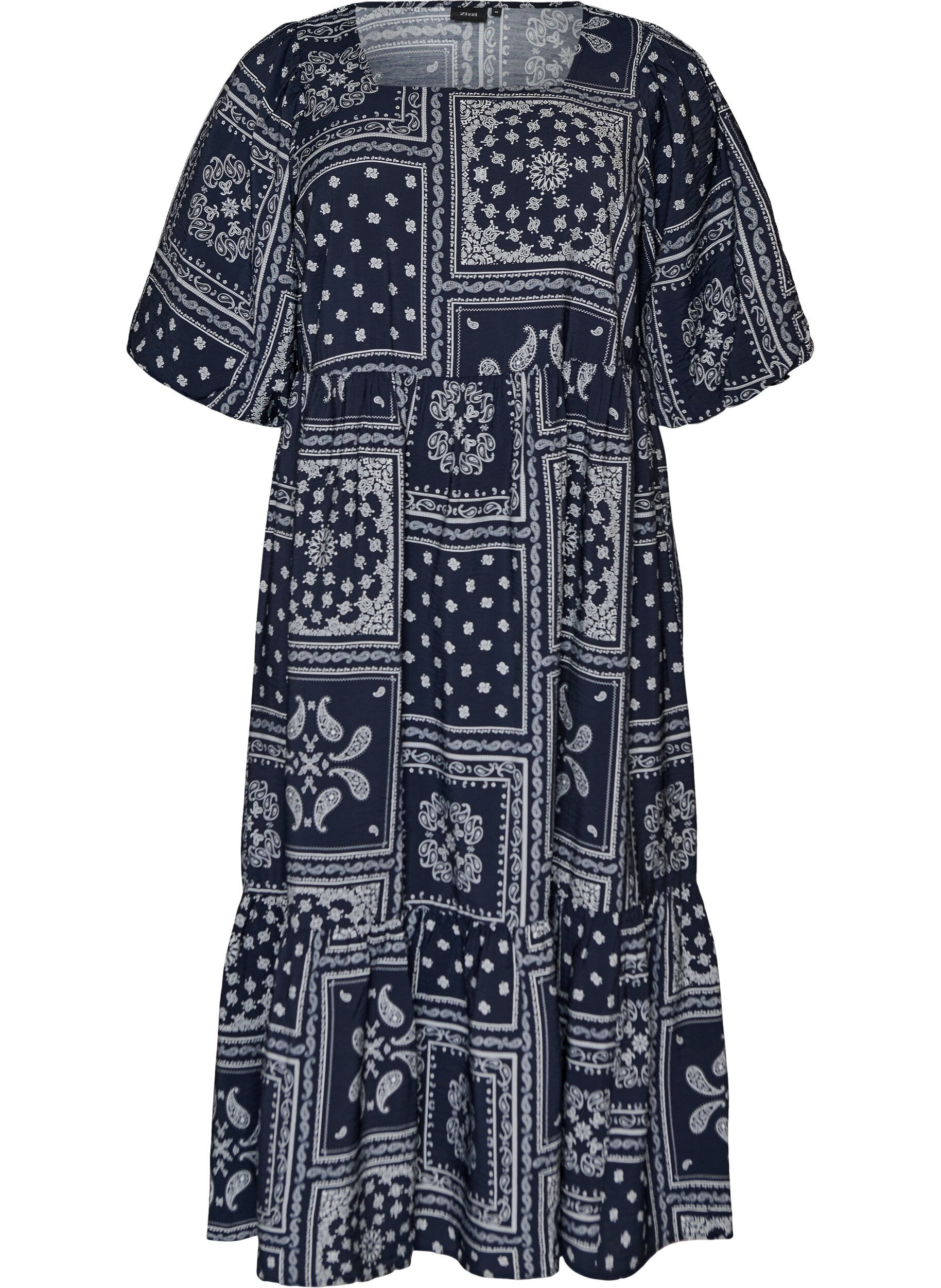 Enkel-lange jurk in viscose met paisleyprint en korte mouwen