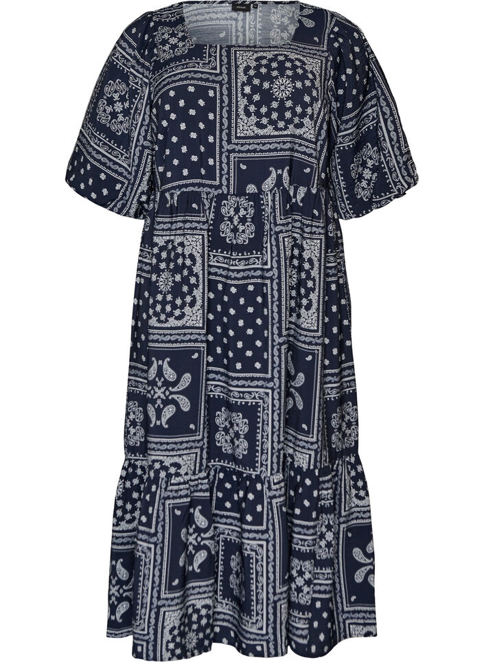 Robe longue en viscose avec un imprim&eacute; cachemire et des manches courtes, Bleu, Packshot image number 0