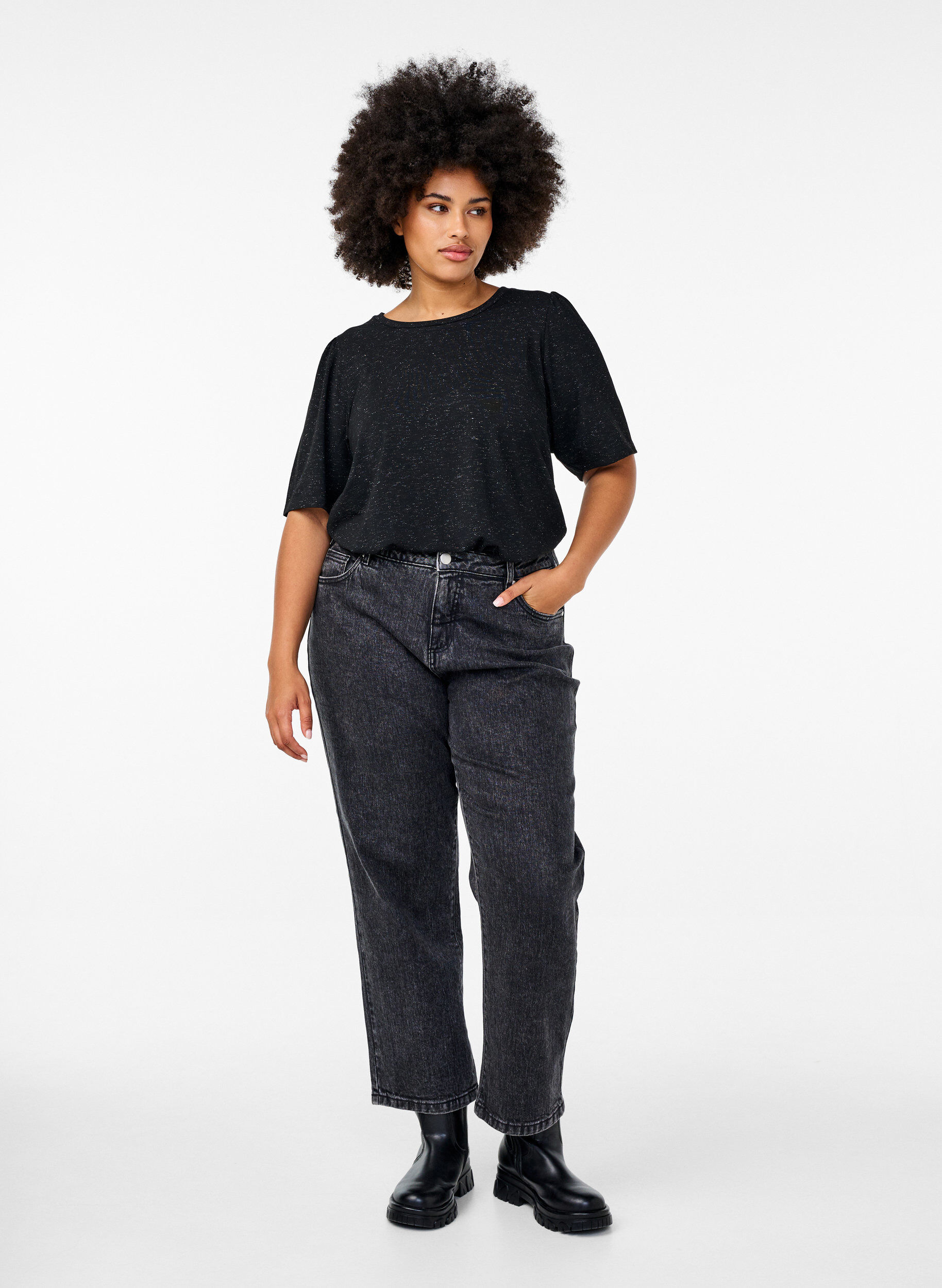 ZizziT-shirt met glitters en korte pofmouwen, Zwart, Model image number 1