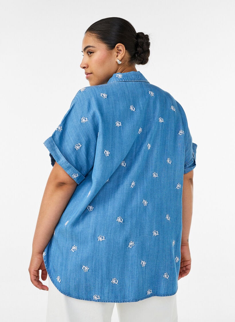 Denimlook lyocell shirt met bloemenborduursel, Blauw, Model image number 2