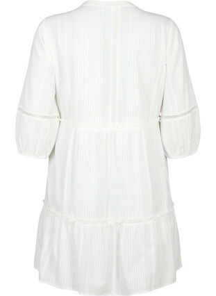 Katoenen jurk met 3/4 mouwen en ruches, Bright White, Packshot image number 1