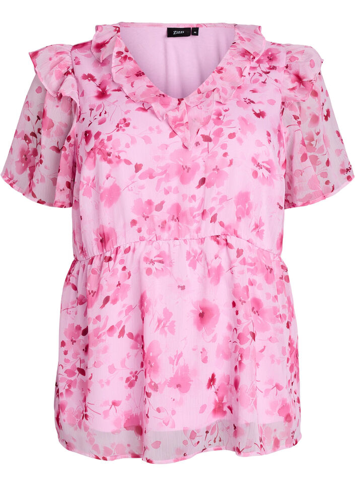 Bloemenblouse met rucheskraag en peplum effect, Roze, Packshot image number 0