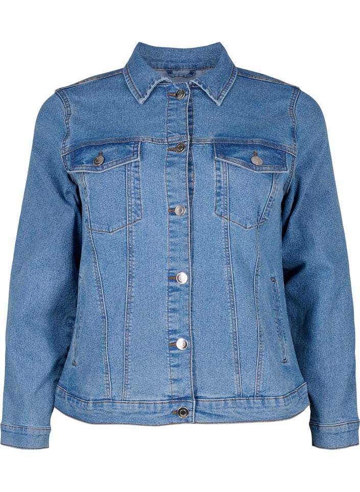 Veste en jean en m&eacute;lange de coton extensible, Bleu, Packshot image number 0