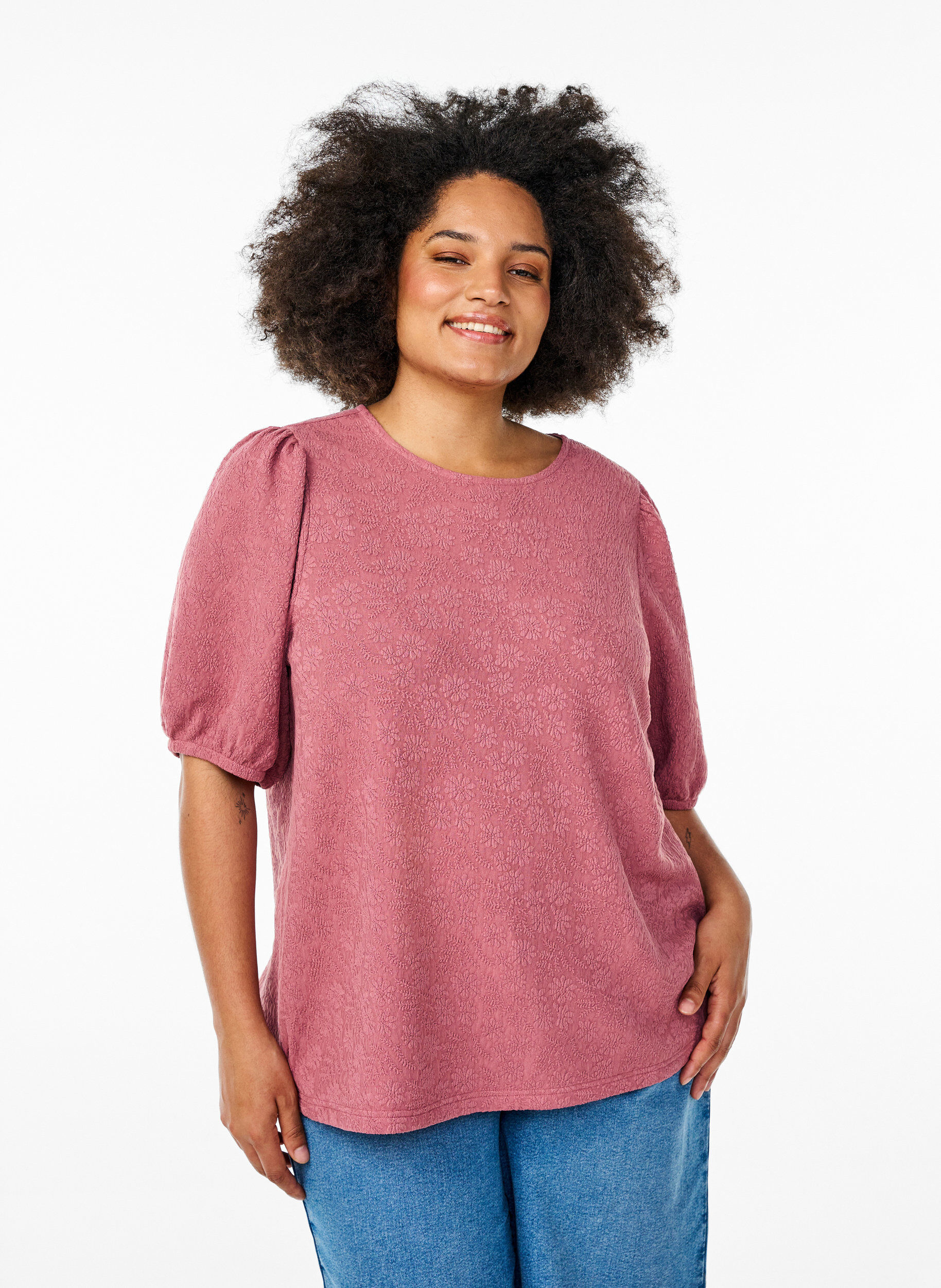 ZizziGestructureerde blouse met korte mouwen, Rood, Model image number 0