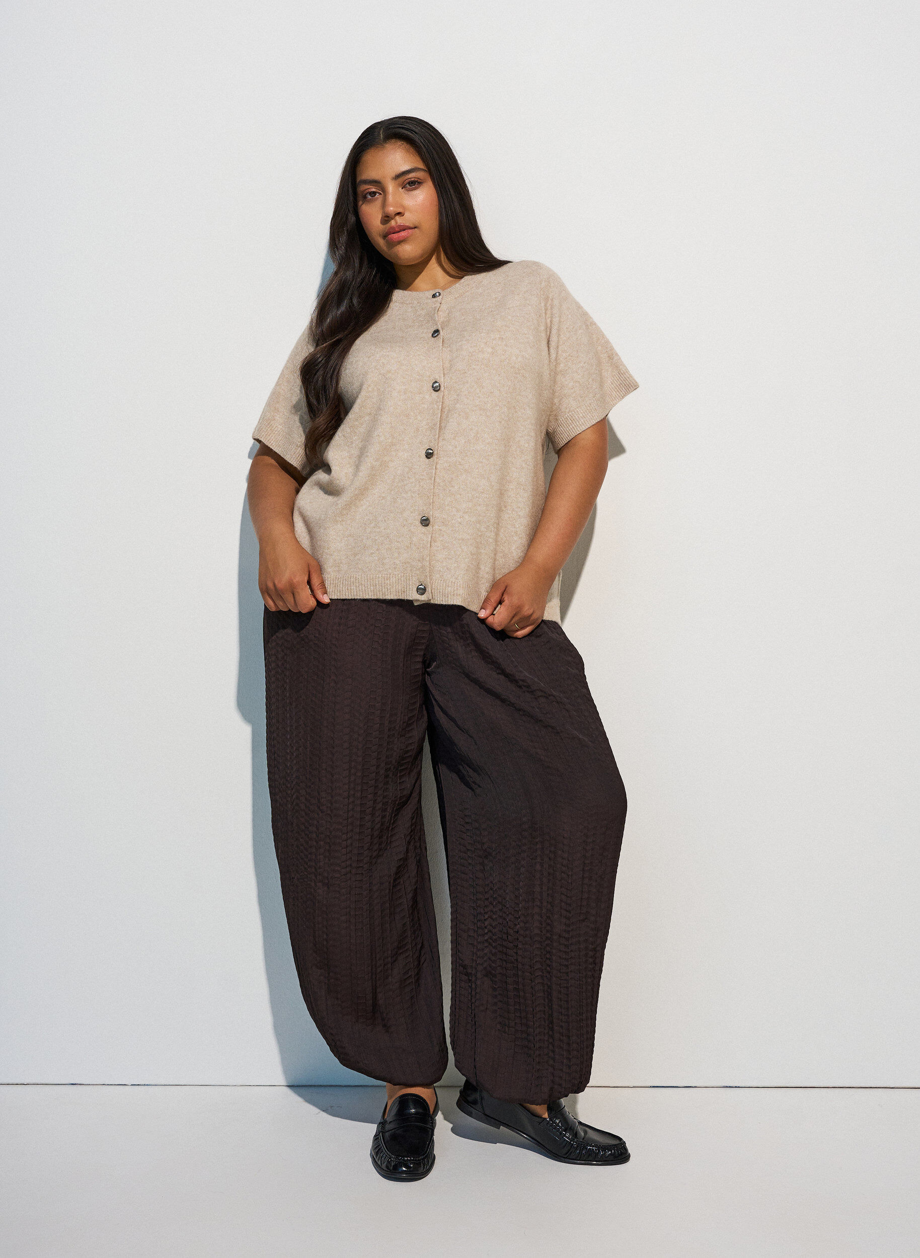 ZizziGebreid vest met korte mouwen, Beige, Model image number 1