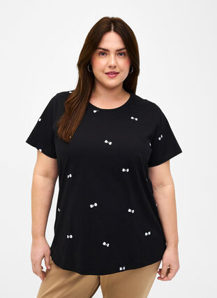 T-shirt en coton biologique avec des nœuds, Black W. Bow Emb. , Model image number 0