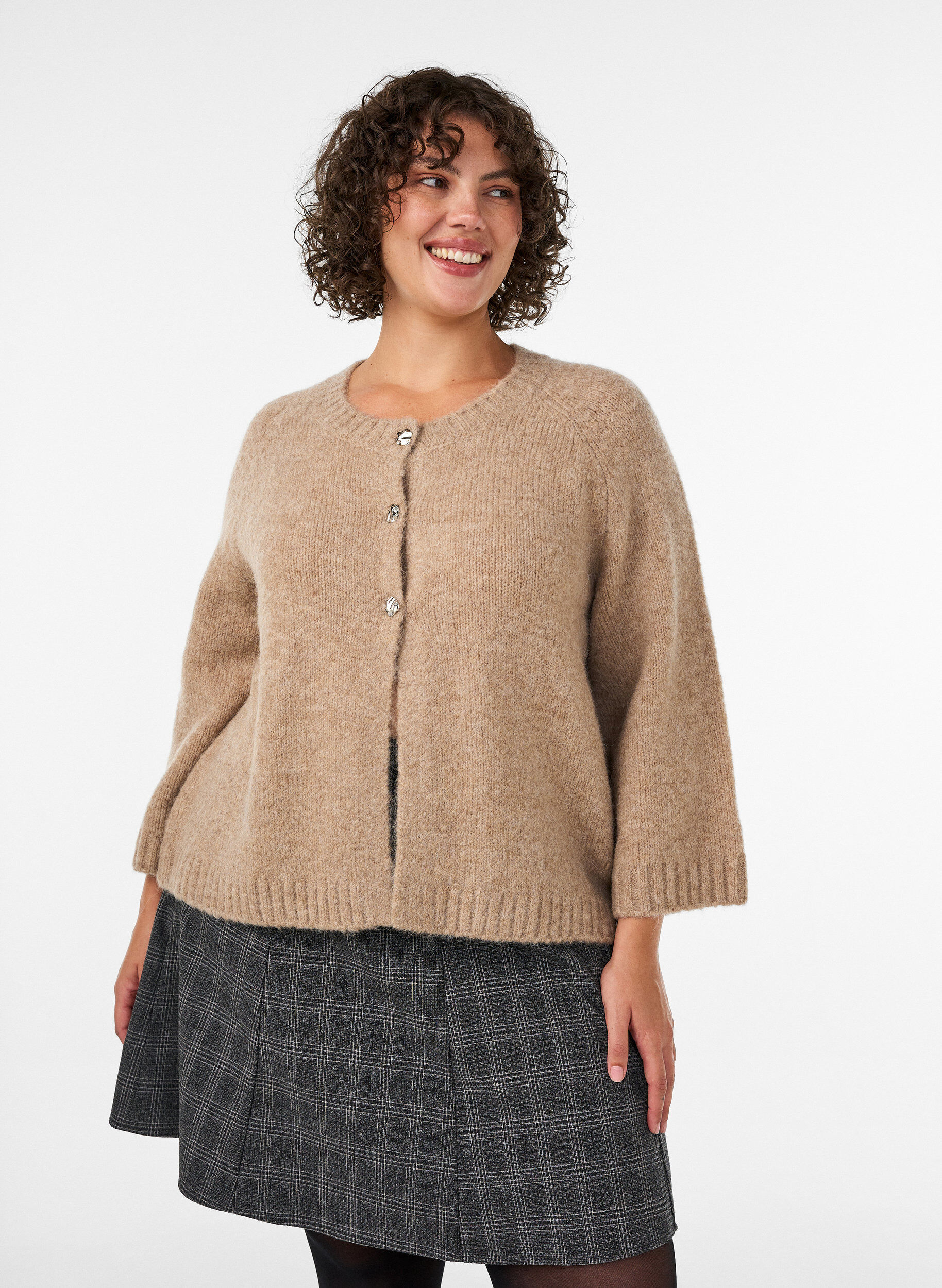 ZizziVest van wolmix met 3/4-mouwen, Beige, Model image number 0