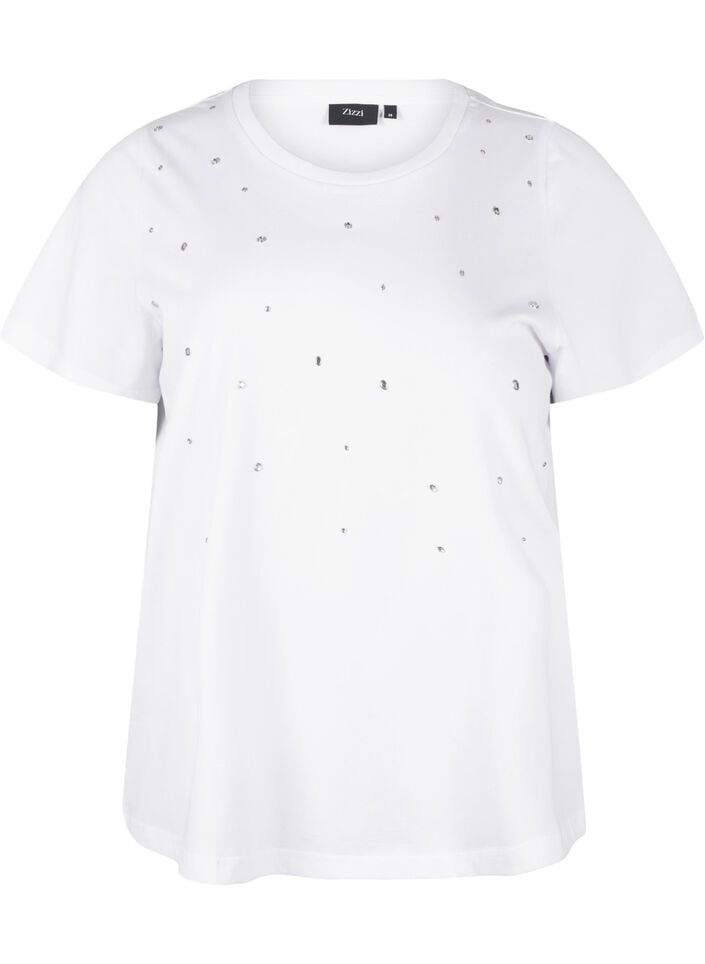Katoenen T-shirt met strassteentjes, Bright White, Packshot image number 0