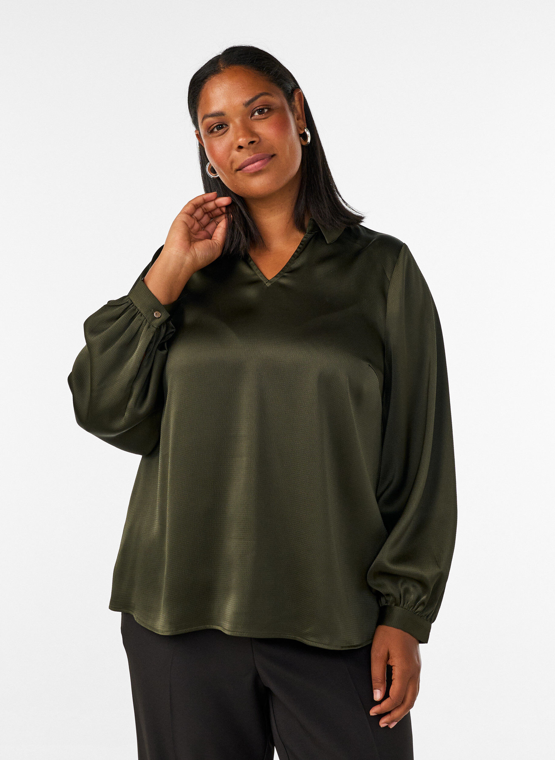 Blouse met overhemdkraag en V-hals, Groen, Model