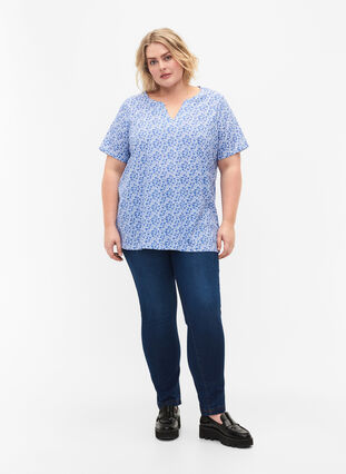 T-shirt en coton à fleurs avec col en V, Ultramarine AOP, Model image number 2