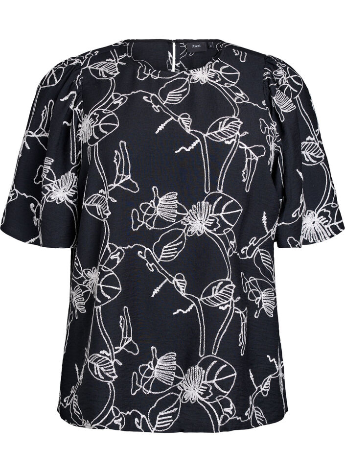 Blouse met korte mouwen en geborduurd patroon, Zwart, Packshot image number 0