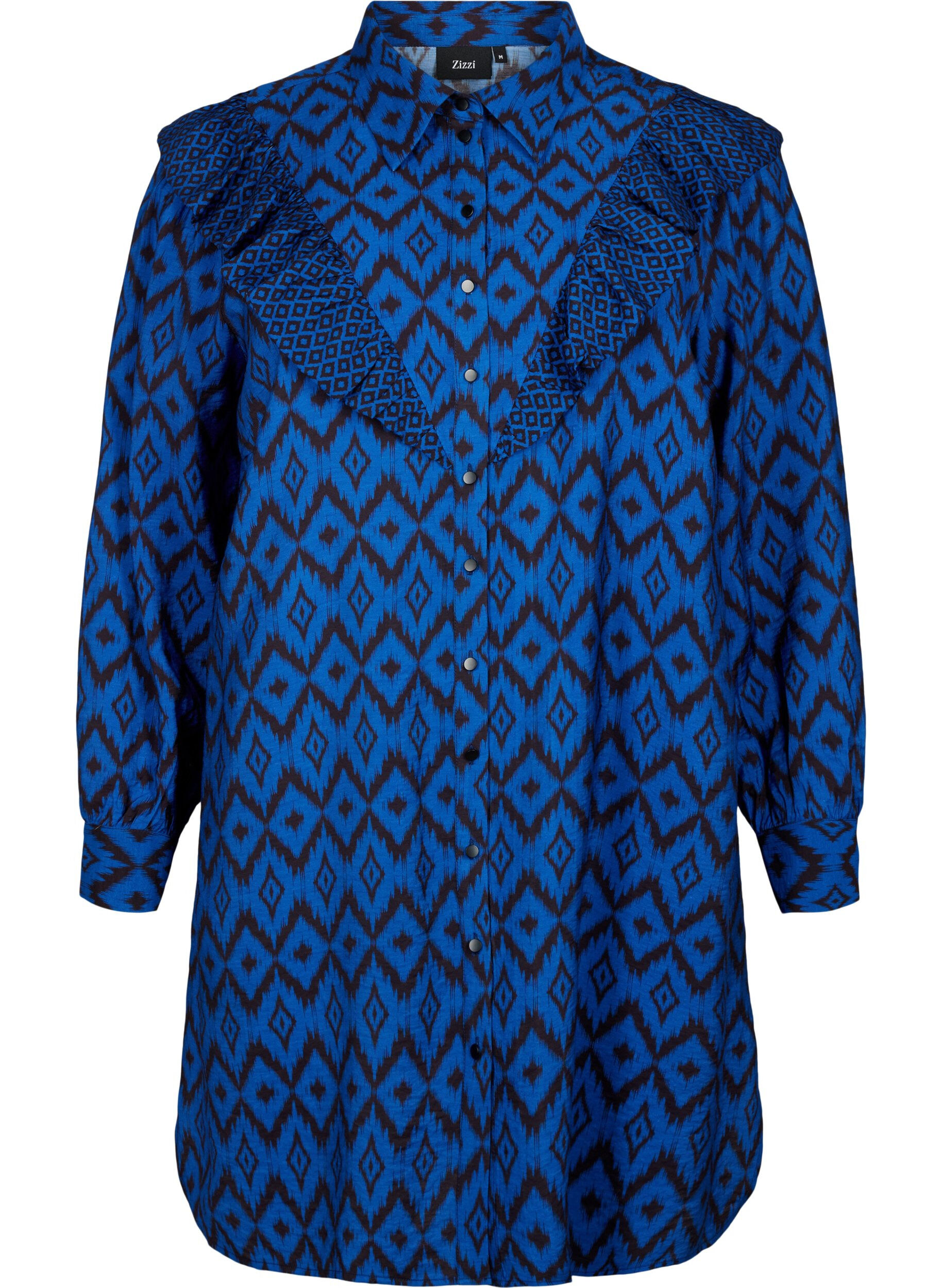 ZizziLange viscose shirt met print en franjes, True blue w. Black, Packshot image number 0