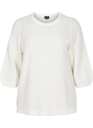 Blouse tricotée en coton bio à manches 3/4, Cloud Dancer, Packshot image number 0