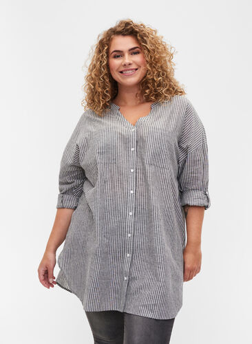 Gestreepte blouse in 100% katoen, Black Stripe, Model image number 0