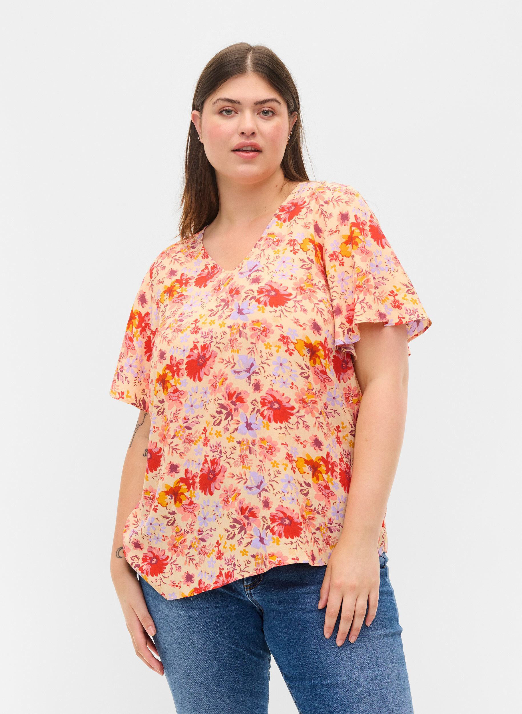 ZizziViscose top met korte mouwen en bloemenprint, Red Orange AOP, Model image number 0