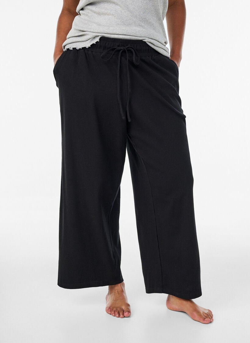 Geribde pyjamabroek met rechte pijpen, Zwart, Model image number 1