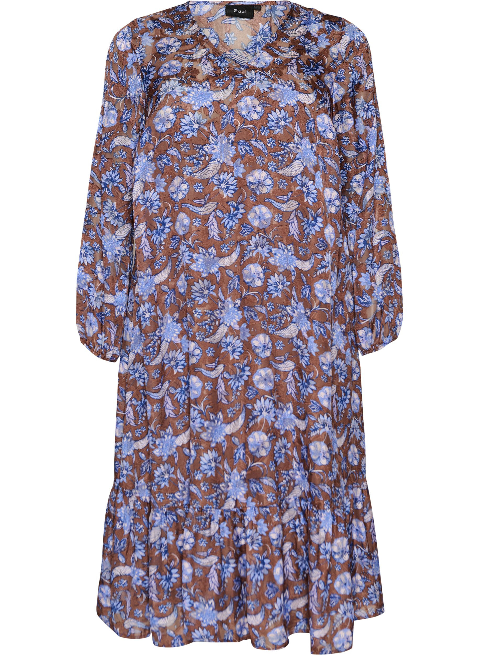 ZizziMidijurk met bloemenprint en ruchezoom, Bruin, Packshot image number 0