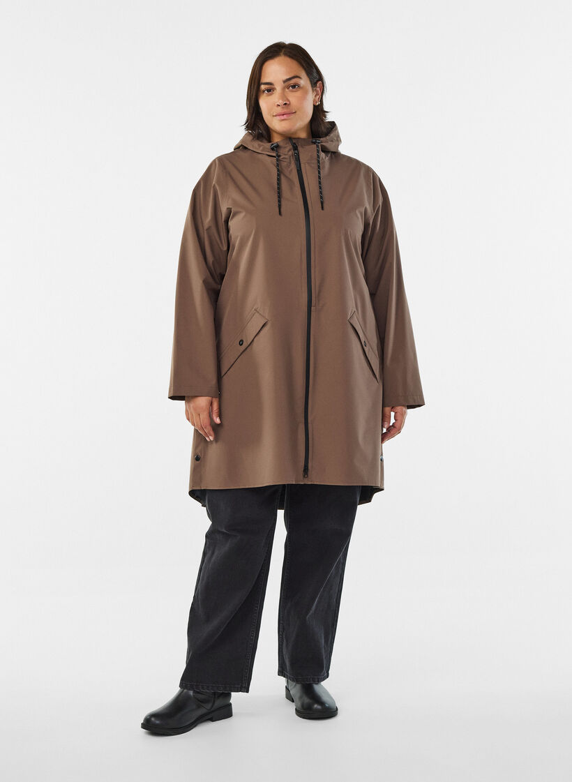 Regenjas met zakken en capuchon, Bruin, Model image number 1