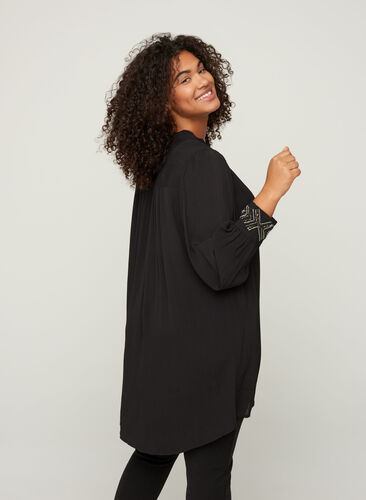 Lange viscose blouse met parels, Black, Model image number 1