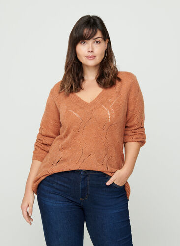 Gebreide blouse met patroon en wol, Amber Brown MEL, Model image number 0