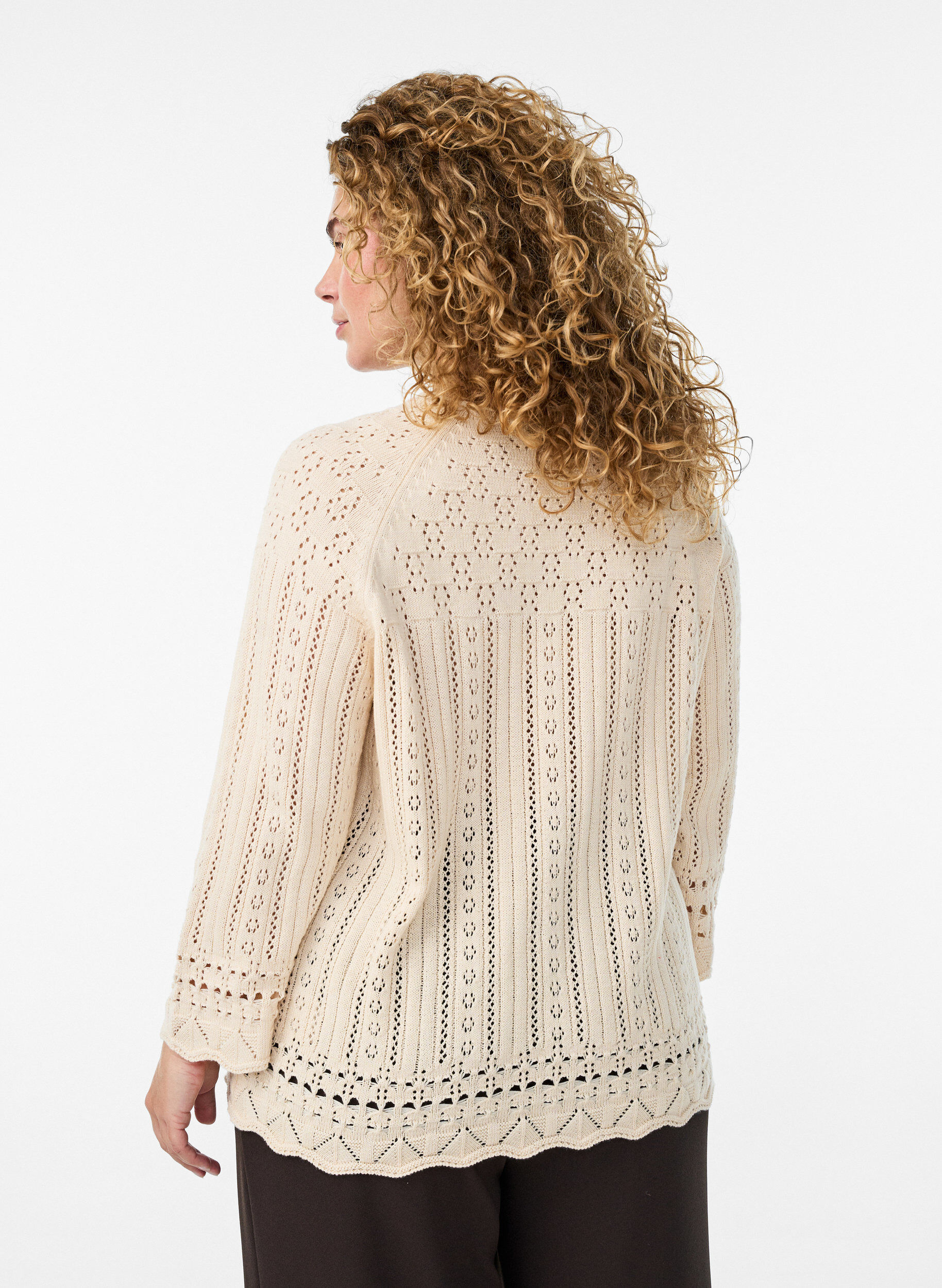 ZizziGebreide top met ajour borduursel en 3/4 mouwen, Beige, Model image number 2