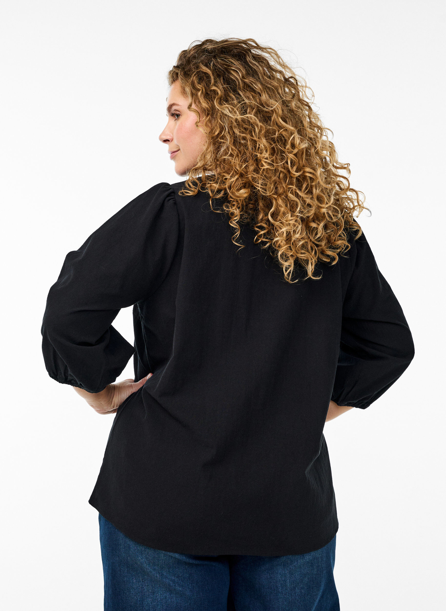 Zizzi3/4 mouw blouse in katoen met strepen, Zwart, Model image number 2