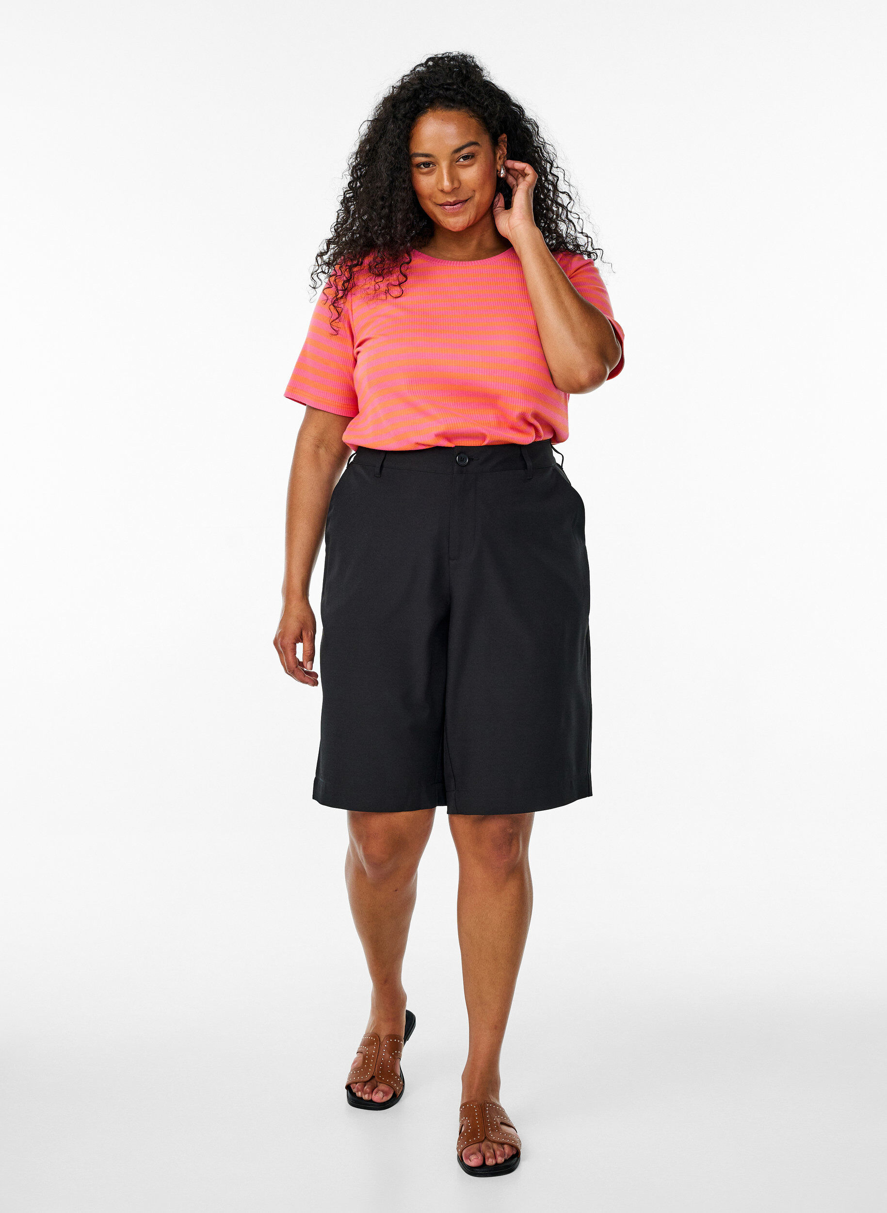 ZizziGestreept T-shirt met geribbelde textuur, Oranje, Model image number 1