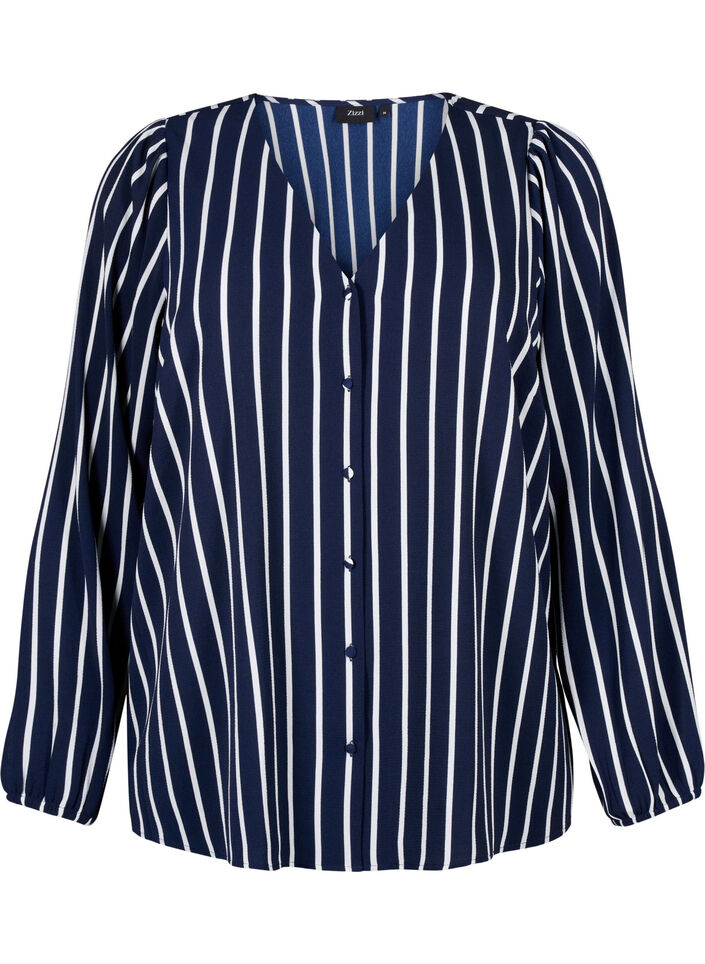 Blouse avec col en V et imprimé, Maritime Blue Stripe, Packshot image number 0
