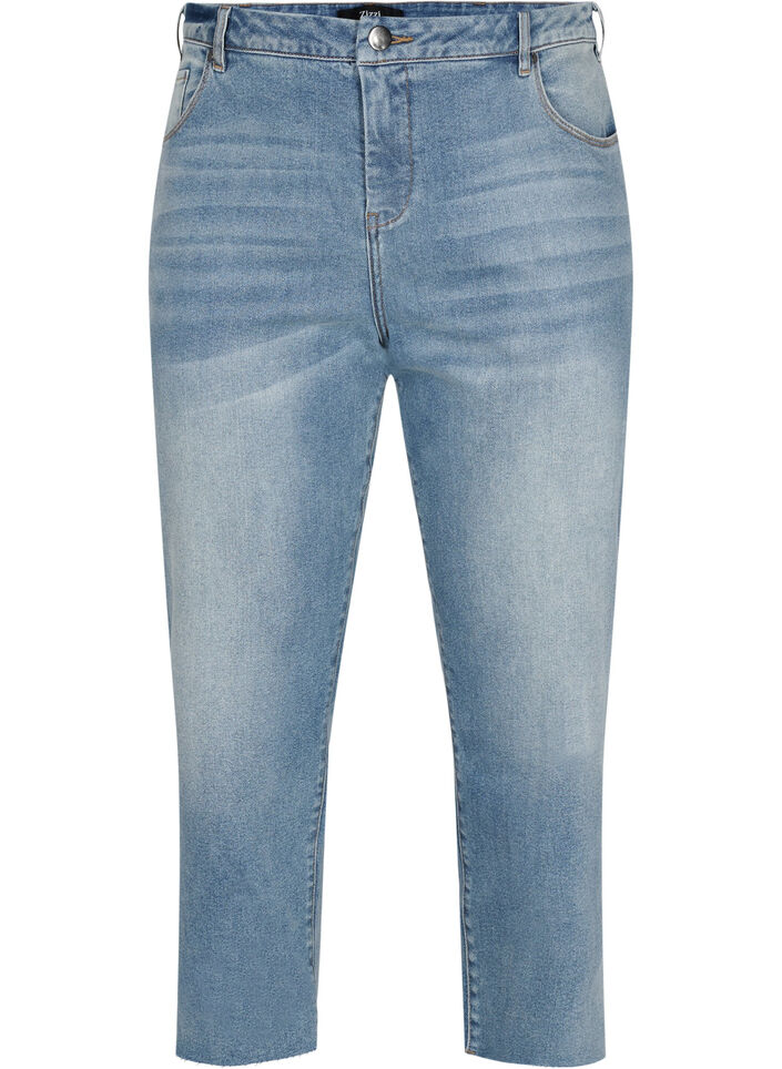 7/8 jeans met ruwe randjes en hoge taille, Light blue denim, Packshot image number 0