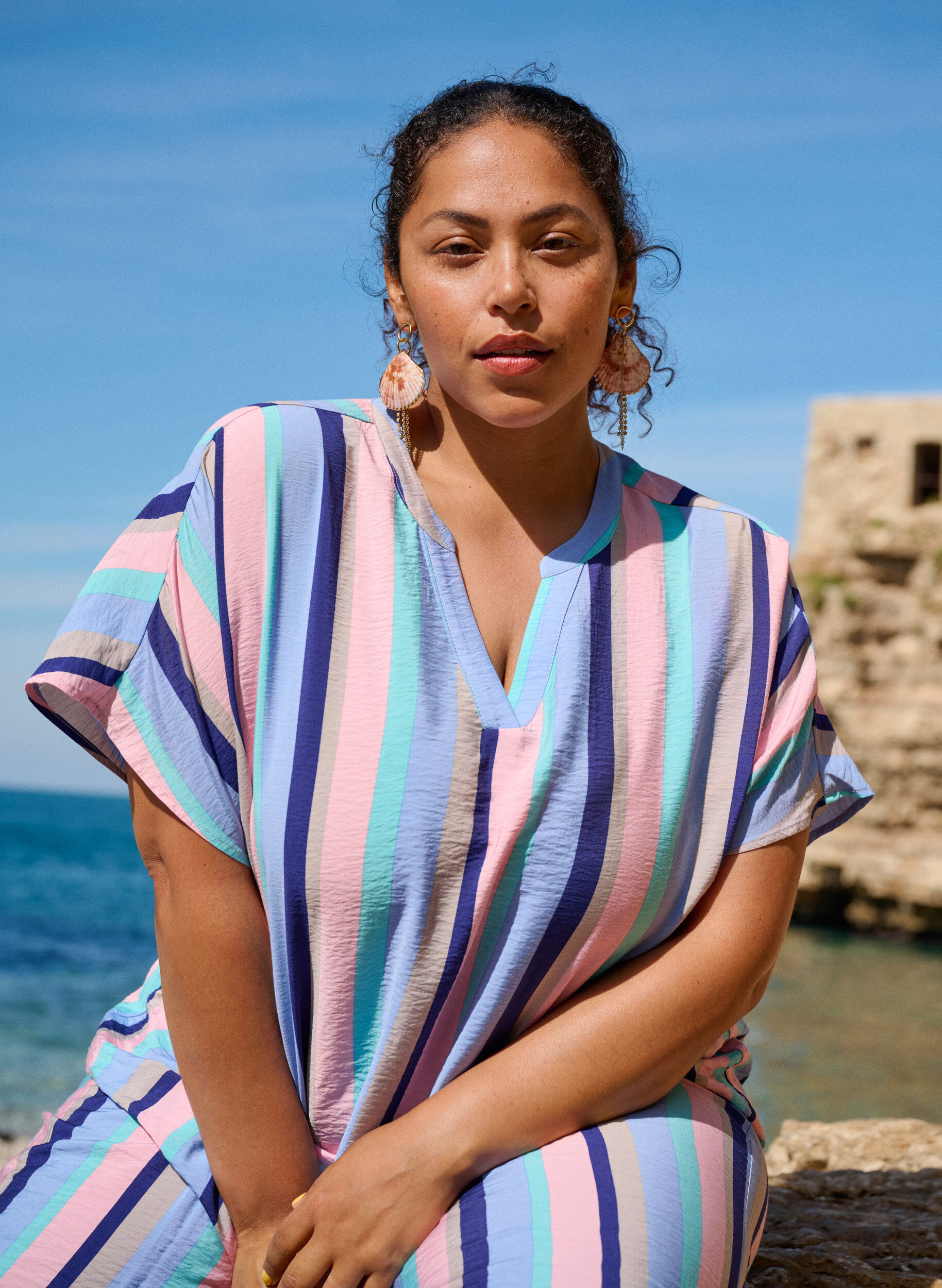 ZizziBlouse van viscose met strepen en korte mouwen, Blauw, Image image number 0