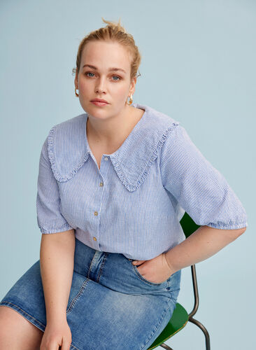 Gestreepte blouse met halflange mouwen, Blue Stripe, Image image number 0