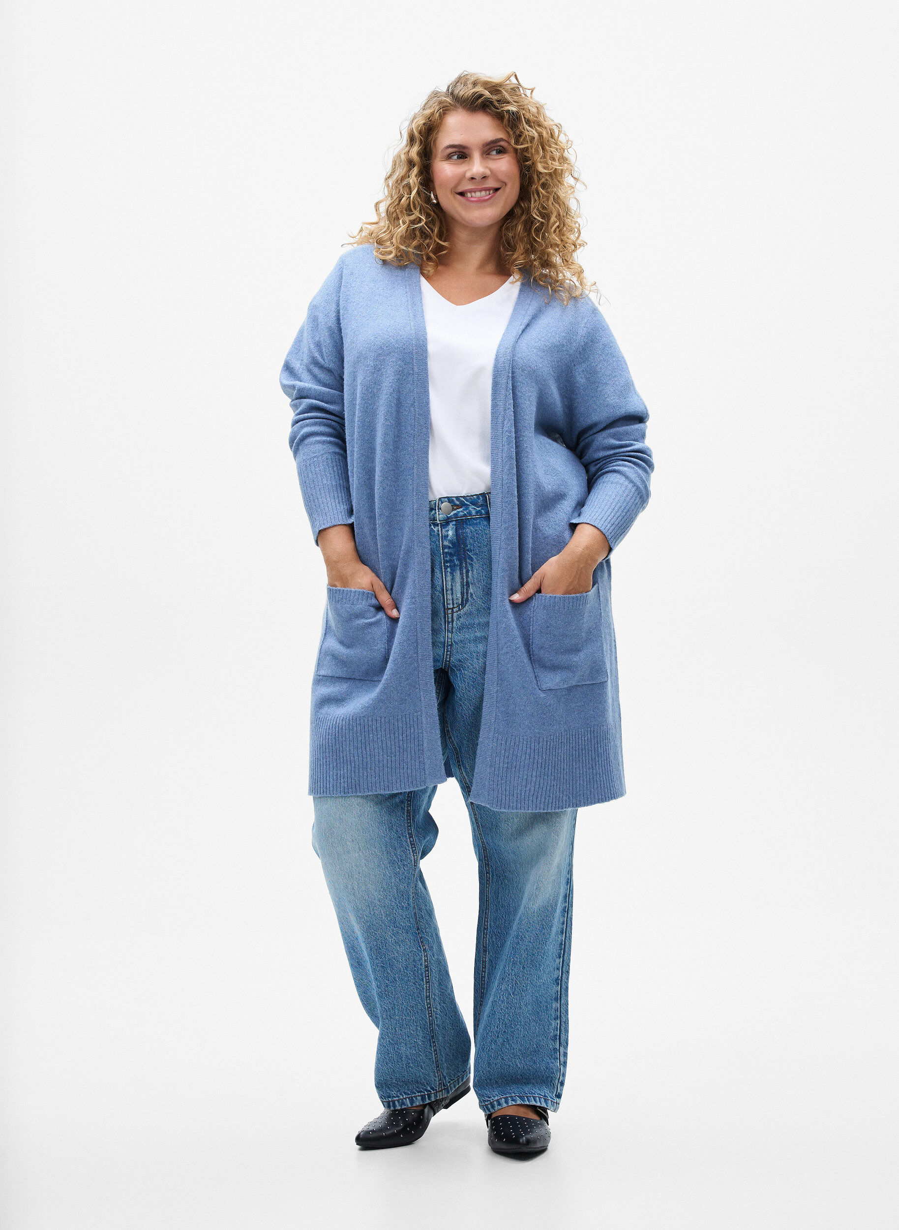 ZizziGeribd gebreid vest met zakken, Blauw, Model image number 1