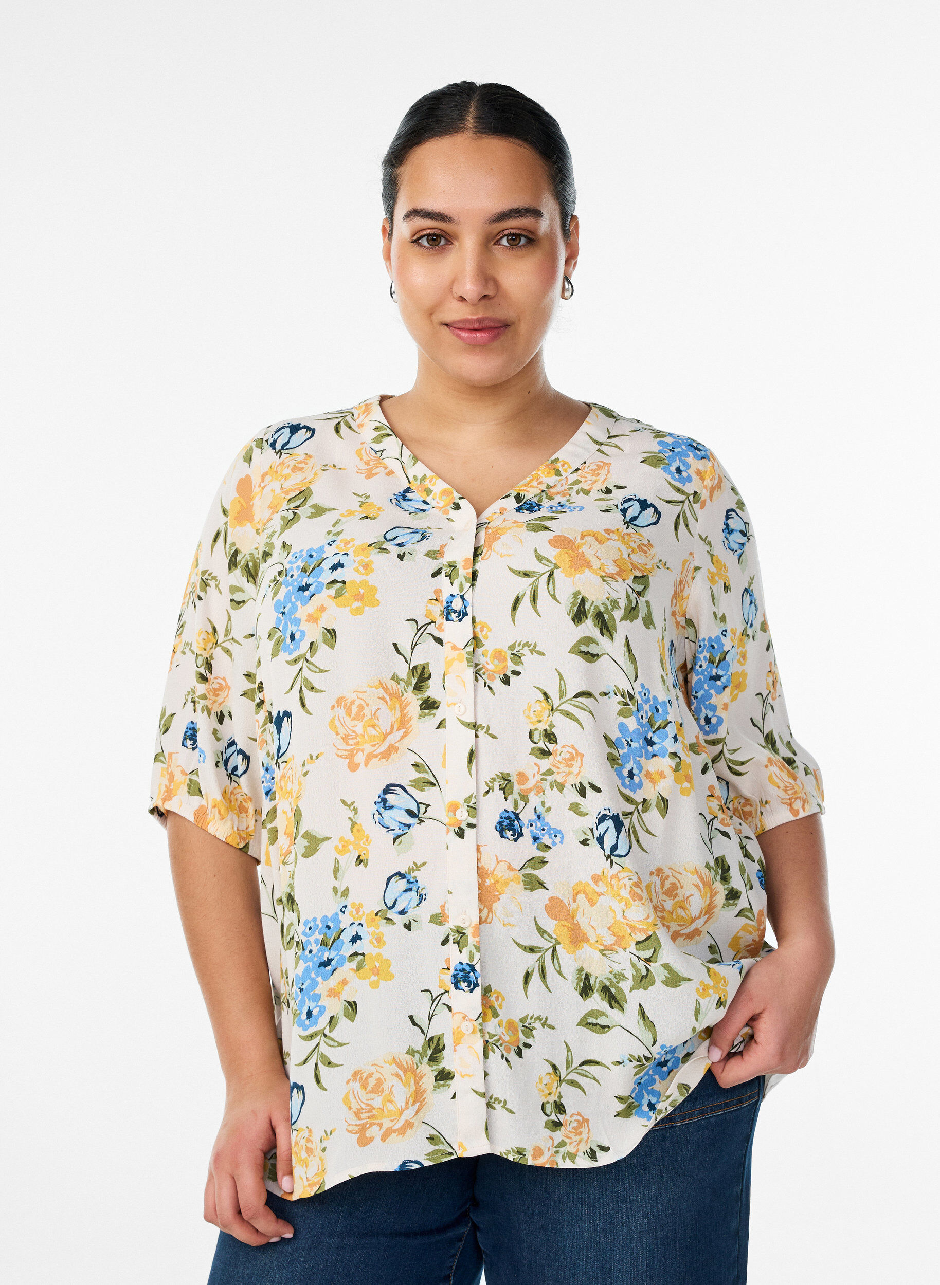 ZizziViscose blouse met print en knoopsluiting, Vanille, Model image number 0