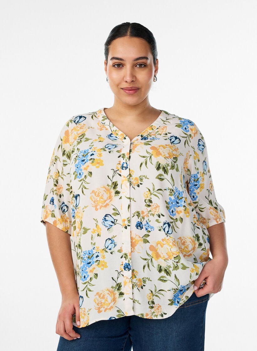 Viscose blouse met print en knoopsluiting, Vanille, Model image number 0