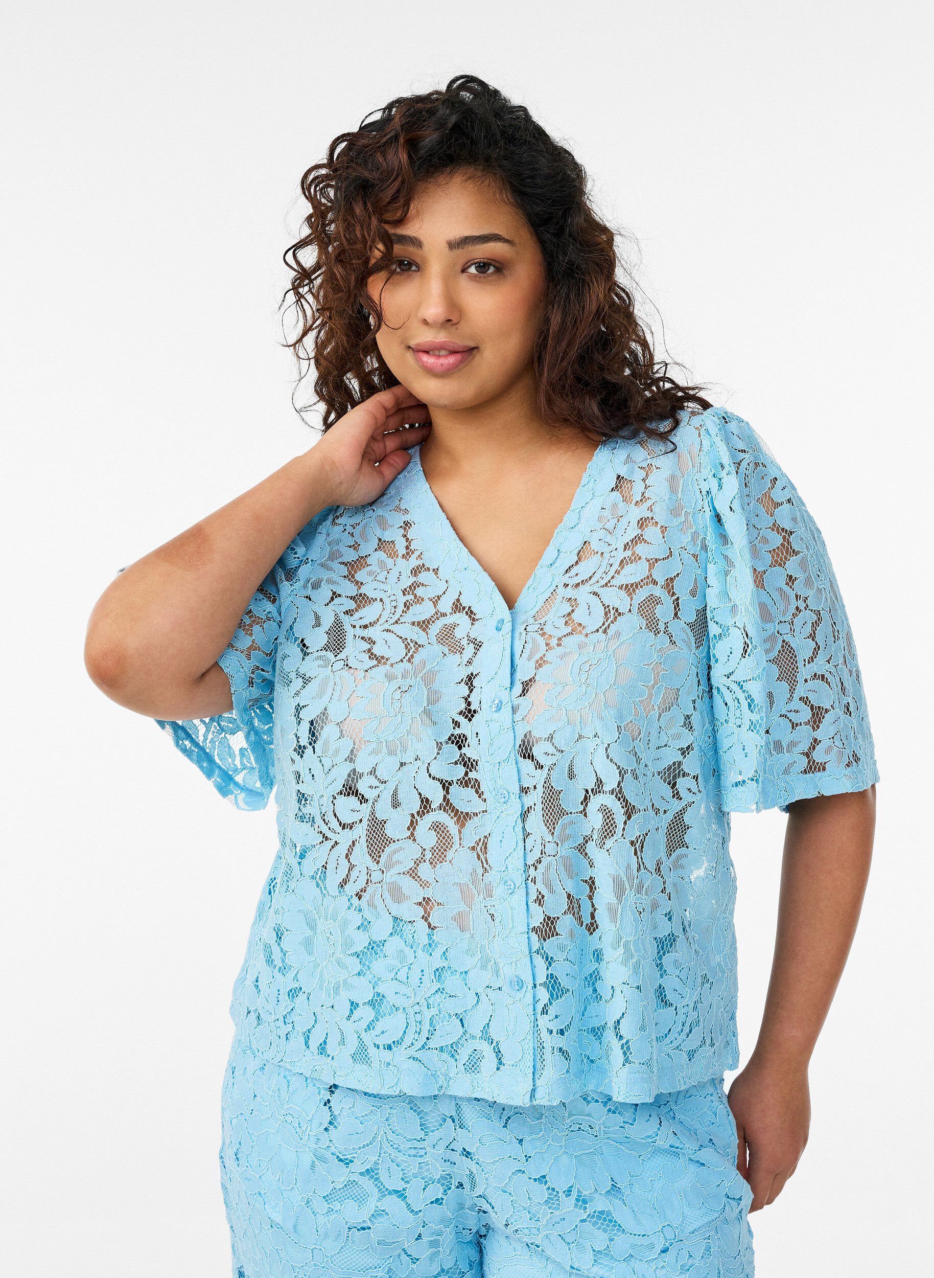 ZizziKanten blouse met korte mouwen en V-hals, Blauw, Model image number 0
