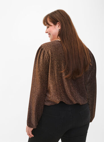 Glitter blouse met pofmouwen, Black Copper, Model image number 1