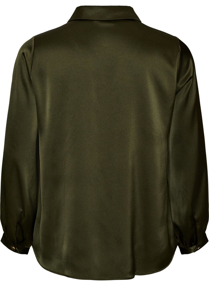 Blouse met overhemdkraag en V-hals, Groen, Packshot image number 1