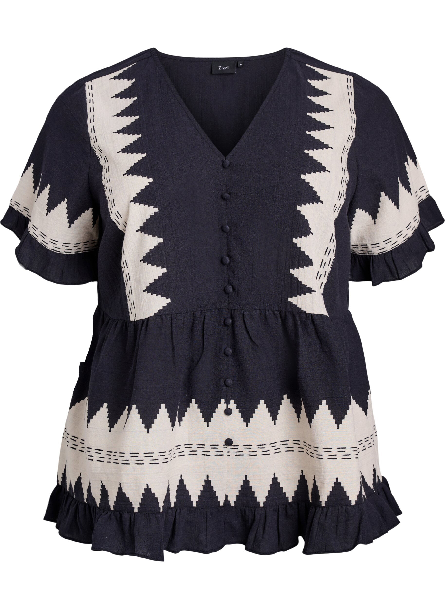 ZizziBlouse met korte mouwen, ruches en grafisch patroon, Zwart, Packshot image number 0