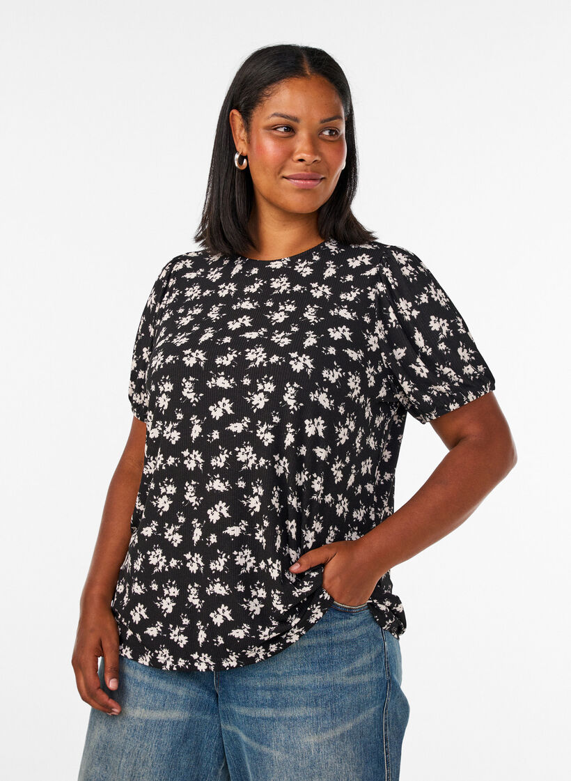 Blouse met lange mouwen en bloemenprint, Zwart, Model image number 0