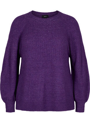 Gemêleerd gebreide blouse met rib en ballonmouwen, Ultra Violet Mel., Packshot image number 0
