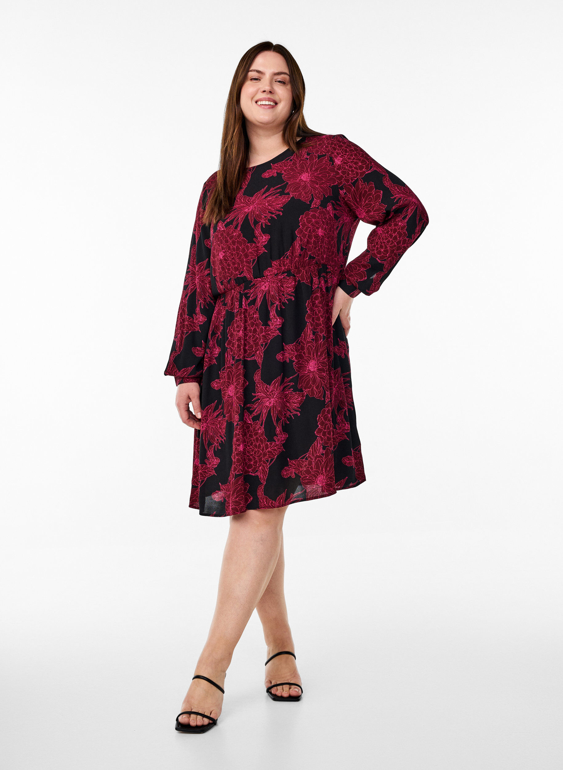 ZizziViscose jurk met print en lange mouwen, Donker Bordeaux, Model image number 1