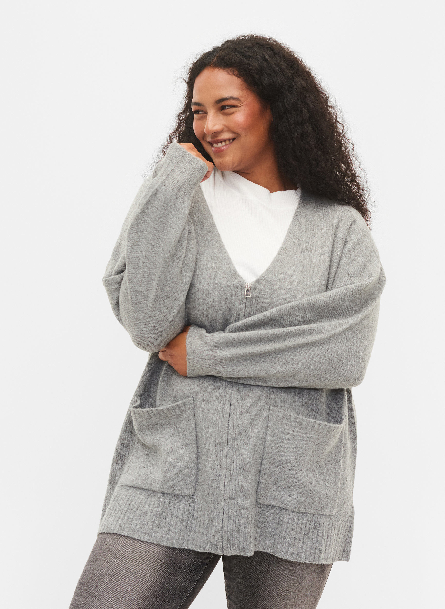 Zizzi Long cardigan en maille &agrave; fermeture &Eacute;clair et poches, Medium Grey Melange, Model image number 0