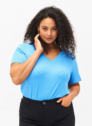 T-shirt en viscose côtelée avec col en V, Marina, Model image number 0