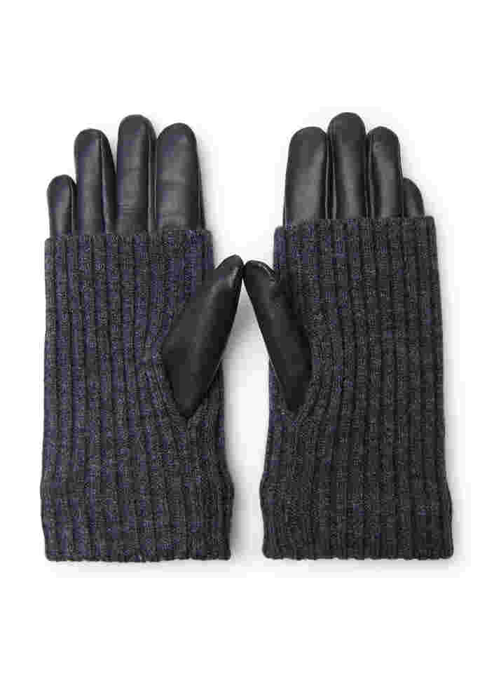 Lederen handschoen met breiwerk, Black, Packshot image number 1