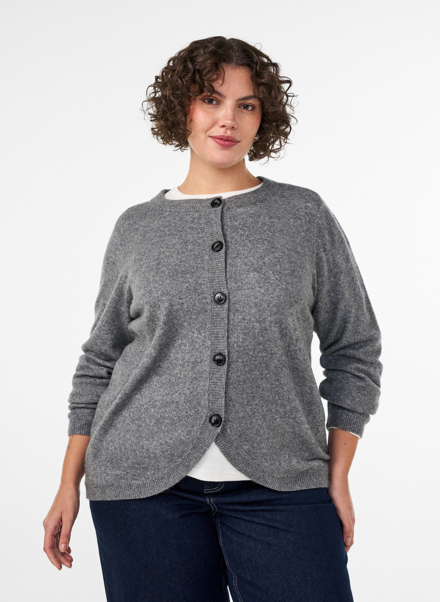 Cardigan avec boutons et devant arrondi, Gris, Model