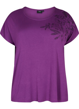 Viscose t-shirt met korte mouwen en bloemenprint, Grape Juice Flower, Packshot image number 0